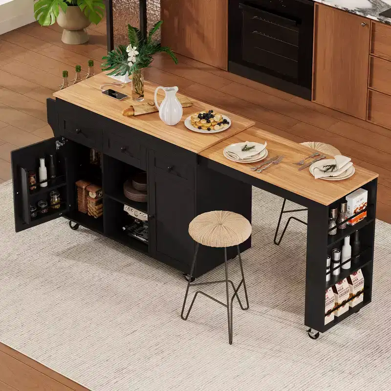 Whisen 85.5 Kitchen Island, Storage Table, Rolling Kitchen Island with Extendable Dining Table, 3 Side Open Shelves, 3 Drawers, 2 Doors
