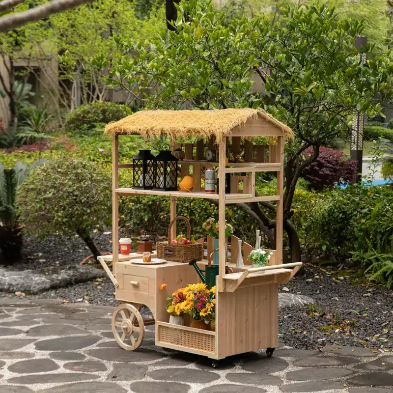 Versatile Multi-Tier Wooden Rolling Cart  Ideal for Festivals, Events, Food Tasting, Garden Display & Home Decor.
