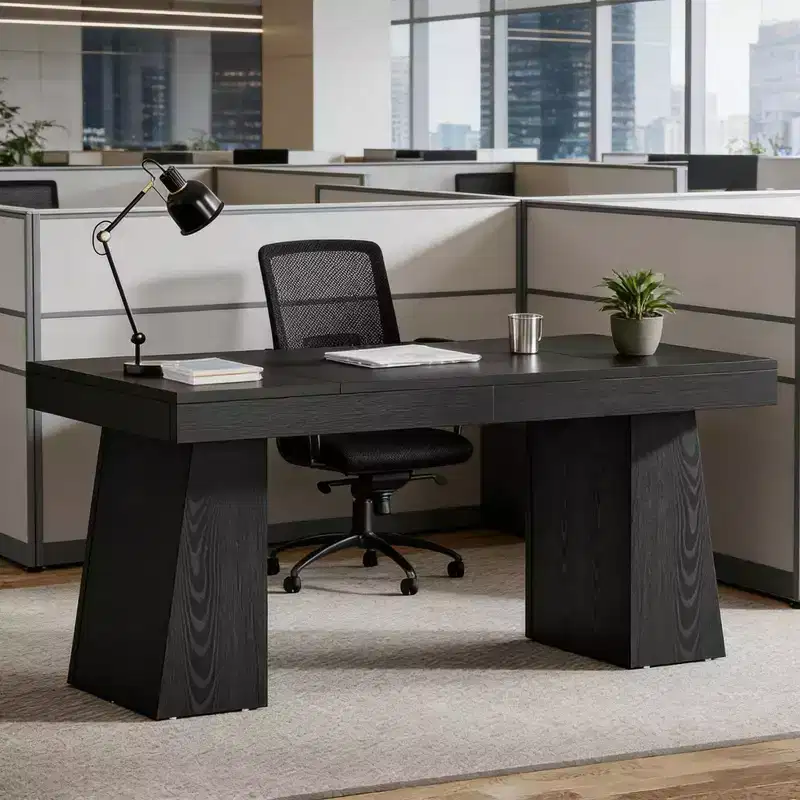 TUYOHW 55 Wood Workstation Desk,Computer Desk with Double Trapezoid Base,Mid-Century Modern Executive Desk for Home Office,Stylish Workstation