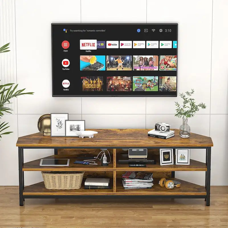 Farmhouse Wood Corner TV Stand with Power Outlet, Space Saving Entertainment Center Media TV Console Table