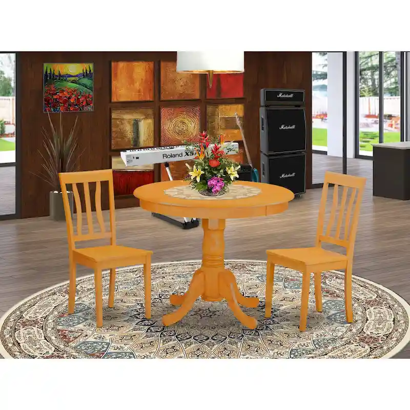 East West Furniture 3 Piece Kitchen Table Set- A Round Dining Room Table and 2 Kitchen Chairs, 36x36 Inch, Oak (Seat Options)