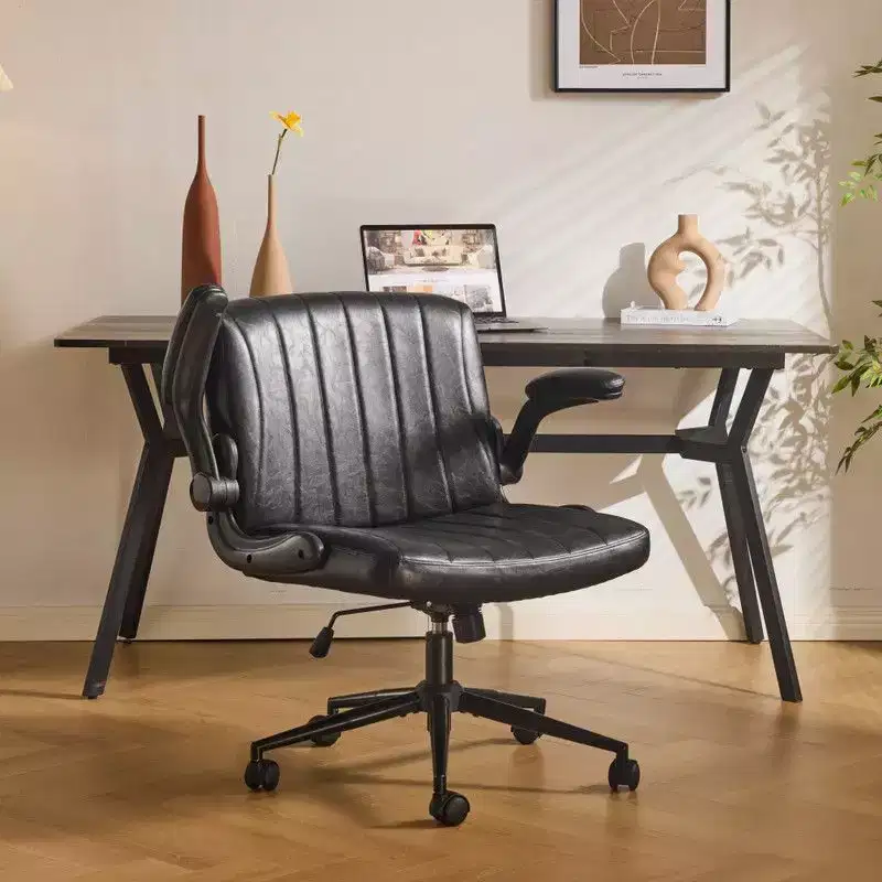 Oil-Waxed Leather Swivel Chair with Flip-Up Armrests �C Ergonomic, 360�� Swivel