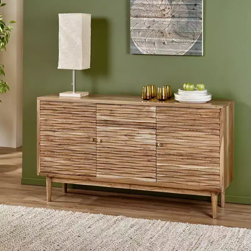 Mid-Century Sideboard Buffet Cabinet with Storage, Kitchen Cabinet w/3 Relief Cabinet Doors, Rustic Wood Coffee Bar Table for Dining Room