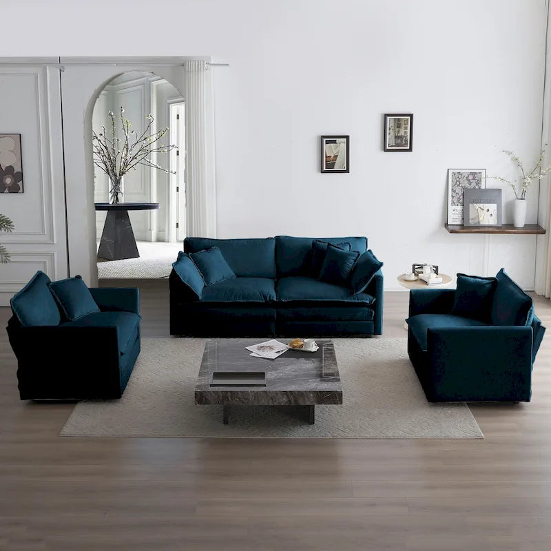 3 Piece Chenille Sofa Set with Arm Pillows and Toss Pillows, Include 2- Piece Armchairs and One 2-seat Sofa