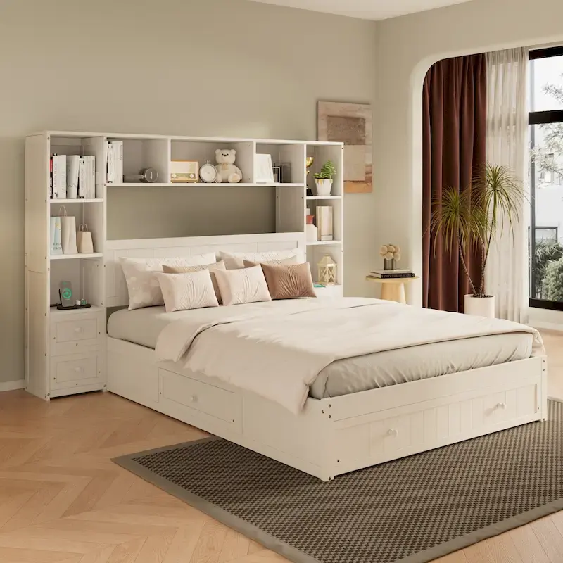 White Full Platform Storage Bed with Nightstands, Drawers & Bookcase