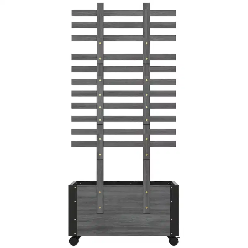 Wooden Raised Garden Bed, Planter Box w/ Trellis and Metal Corners, Portable on Wheels for Patio, Deck