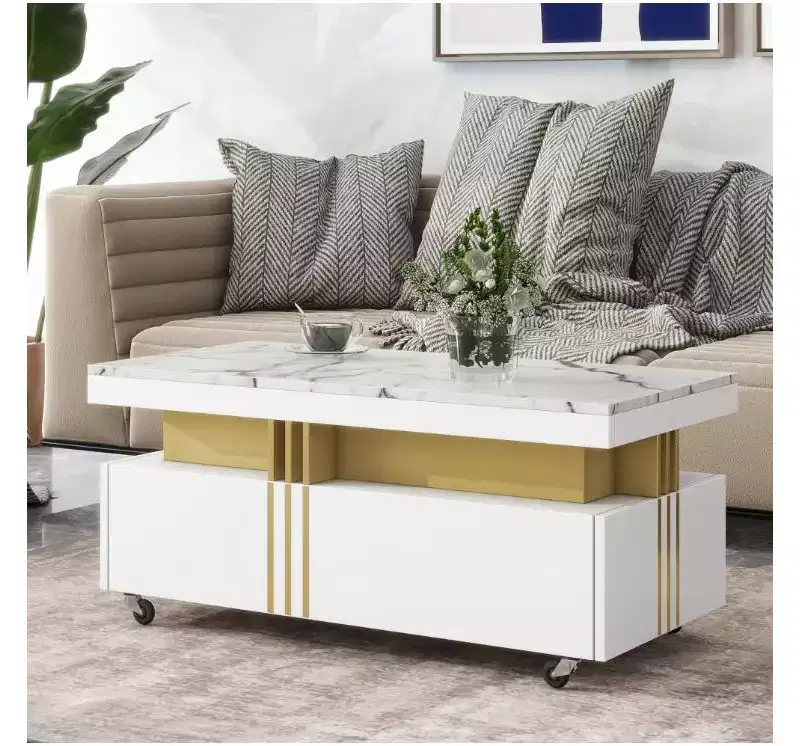 1 Piece MDF Contemporary Coffee Table with Caster Wheels, Moderate Luxury Cocktail Table,