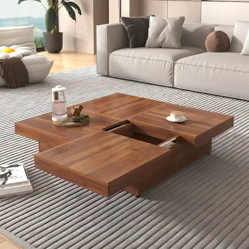 Square Coffee Table Sliding Top Hidden Storage Walnut White MDF