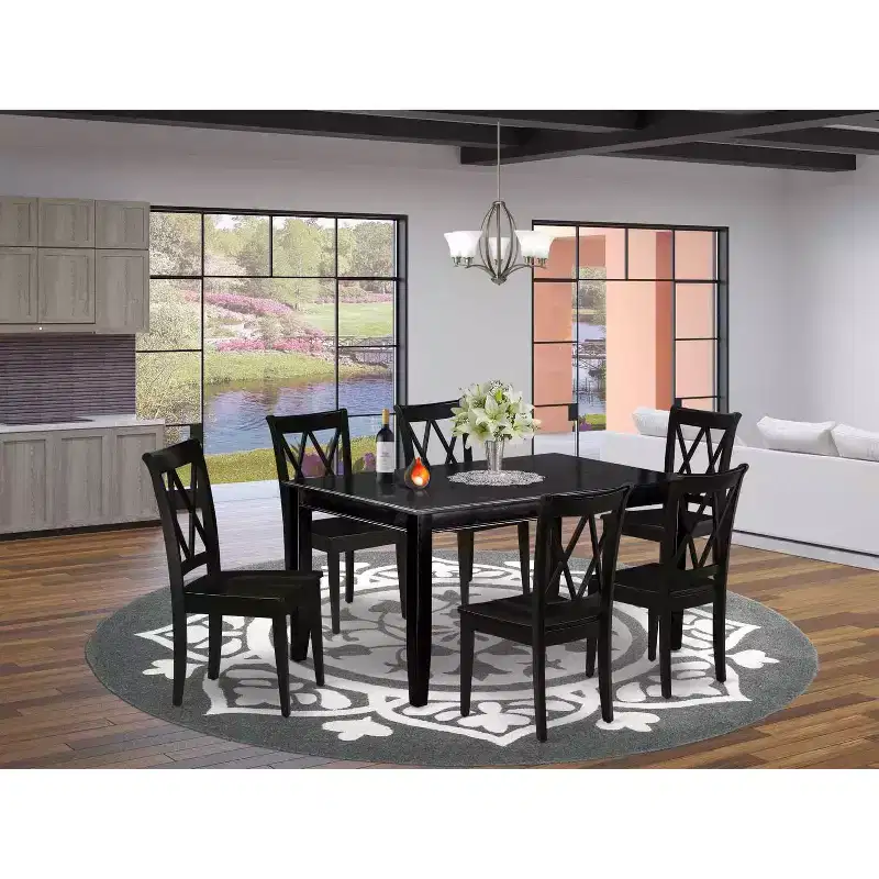 HomeStock 7-Pc Rectangle Black Finish Solid Wood Top Dining Table with 6-Chairs