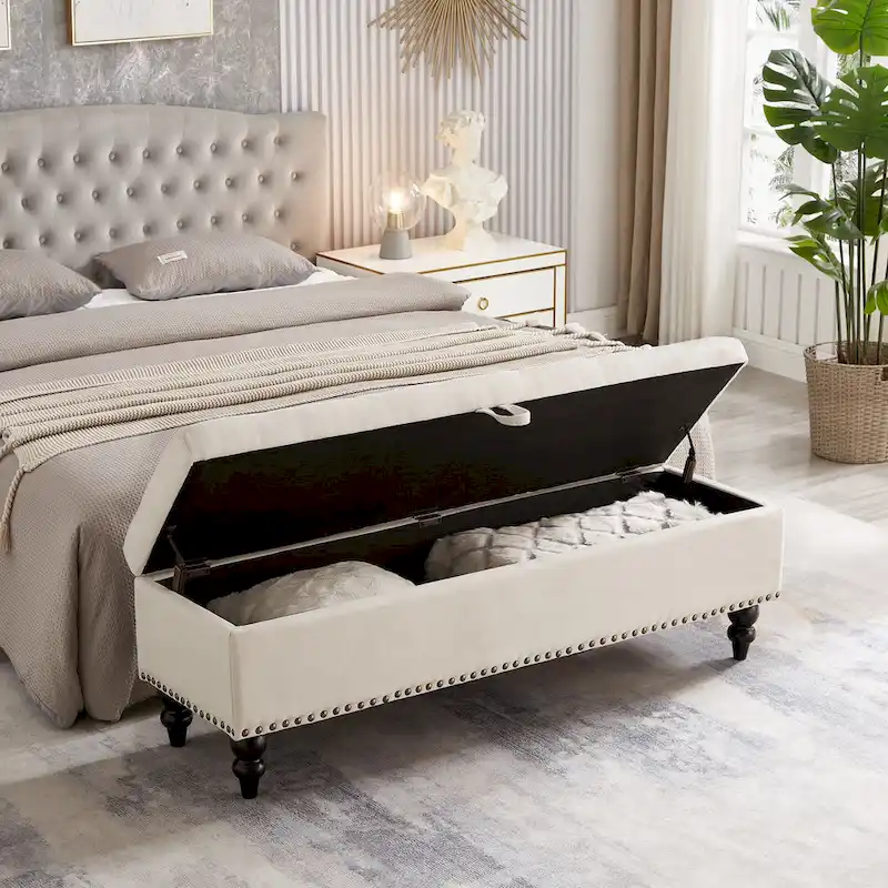 Tufted Storage Bench Upholstered Fabric Ottoman with Wooden Legs Grey Beige Blue