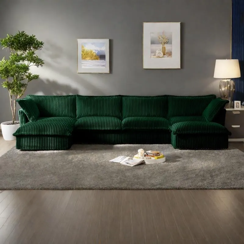 156.6 Corduroy U-Shape 4-Seater Sectional Sofa with Removable Slipcover, Deep Seat Design and French Edge Detailing