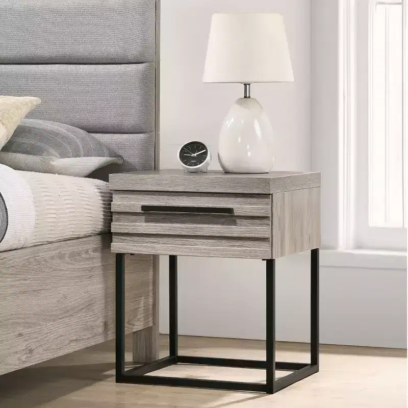 Alvear Contemporary Wood Nightstand with Metal Base, Weathered Gray