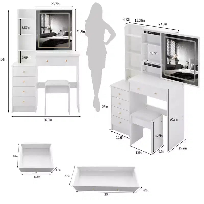 Vanity Table Set 40 Large Size Left Bedside Cabinet Vanity Table+Cushioned Stool Dresser Set