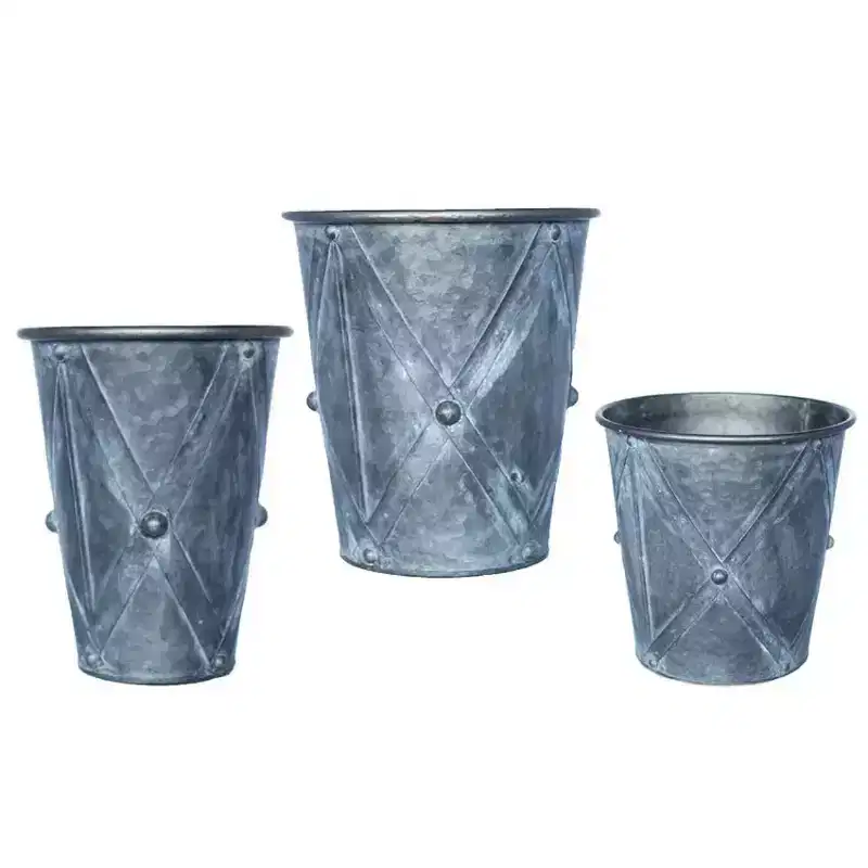 Slickblue Metal Drum Planters, Zinc Finish, Set of 3 Decorative Flower Pots, Not Water Tight, Large & Medium