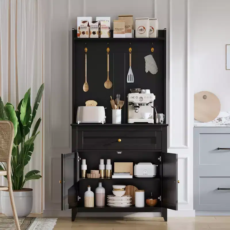 63'' Pantry Cabinet with 4 Hooks, Kitchen Pantry Cabinet, Coffee Bar Table with Drawer & Adjustable Shelves