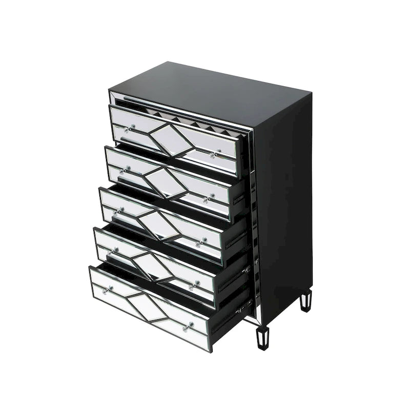 5-Drawer Chest – Antique White / Silver, Beveled Mirror Panels, Crystal Knobs, Hand-Painted Finish
