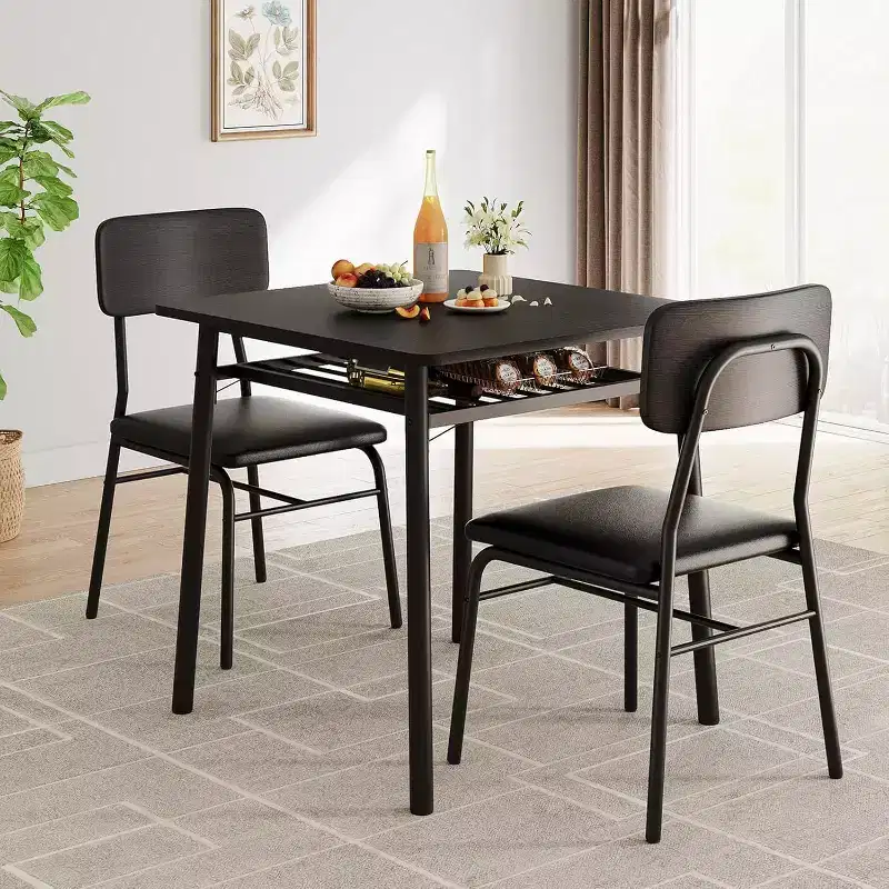 Dining Table for 2 with Storage Rack and Metal Frame, Square Table with Upholstered Chairs Set of 2, 3-Piece Dining Room Set for Home