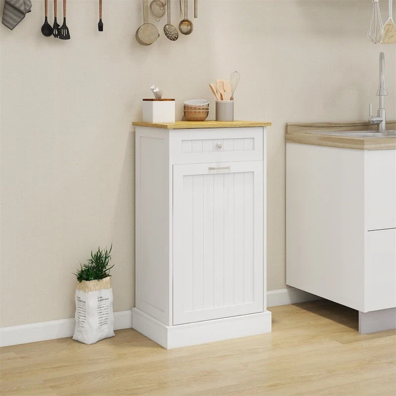 Freestanding Kitchen Trash Cabinet, Modern Wood 20-Inch Tilt-Out Trash Cabinet with Storage Drawer