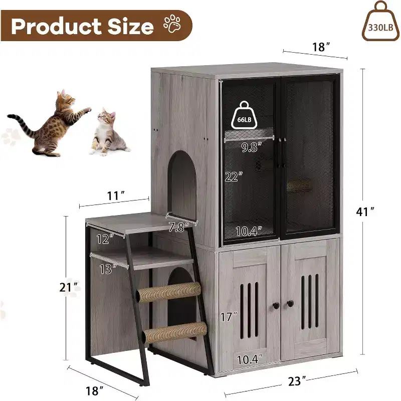 Cat Litter Box Enclosure Furniture with Double Layer, Doors & Ladder, 2-in-1 Hidden Litter Box Furniture with Storage Shelf , Cat House Cabinet