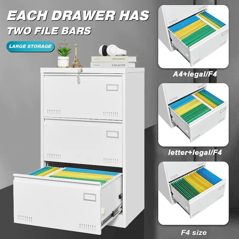 Filing Cabinet Lateral File Cabinet 3 Drawer,Locking Metal File Cabinets Three Drawer, Office Filing Cabinet with Lock Drawers