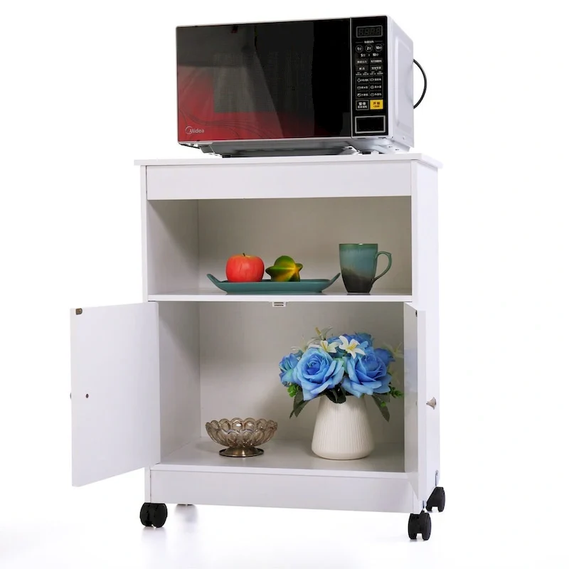 White Kitchen Microwave Storage Cabinet with Wheels, 1-Unit