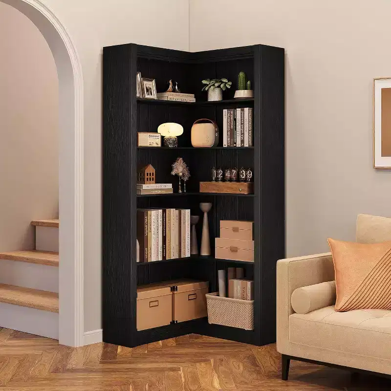5-Tier L-Shaped Corner Bookshelf, Black / Brown / Natural / White, 71.8"H