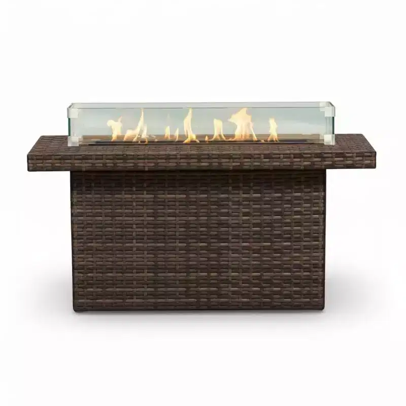 Covers&All 48 in L Rectangle Propane Fire Table, Aspen Wicker w / Windscreen & Glass