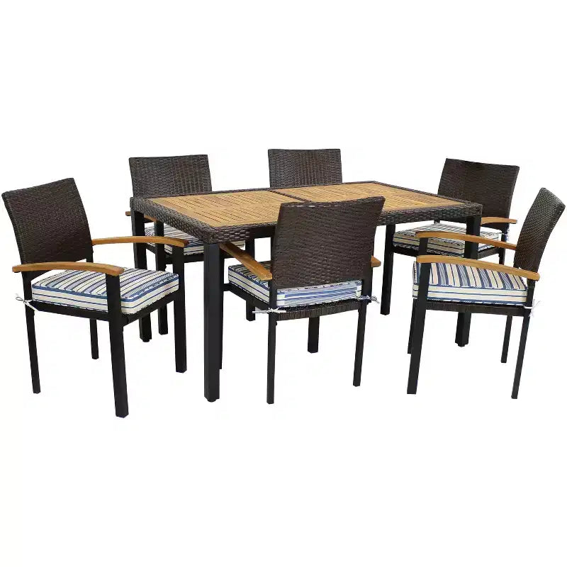 Sunnydaze Outdoor Rattan and Acacia Wood Carlow Patio Dining Set with Table, Chairs, and Seat Cushions - 7pc