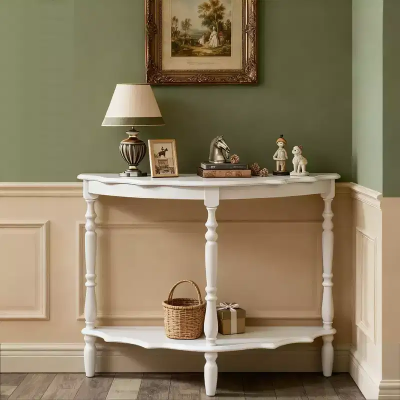 White Half-Moon Console Table, 1-Person, Retro Curved Style