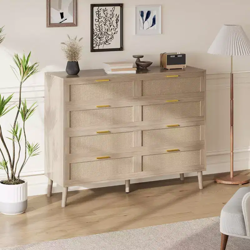 COZONY 8-Drawer Rattan Dresser w/ Gold Handles Farmhouse Wooden Chest of Drawers for Bedroom, Living Room, Entryway & Hallway