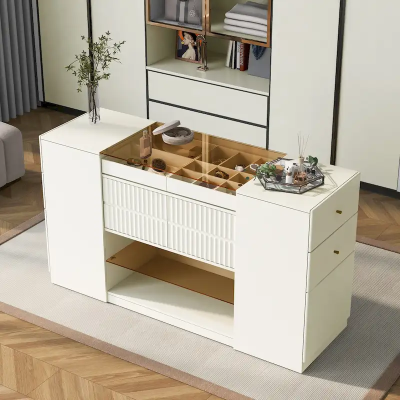Multi-Functional Island Vanity Dresser and Storage Cabinet with Glass Tabletop, Display Shelf,6 Drawers