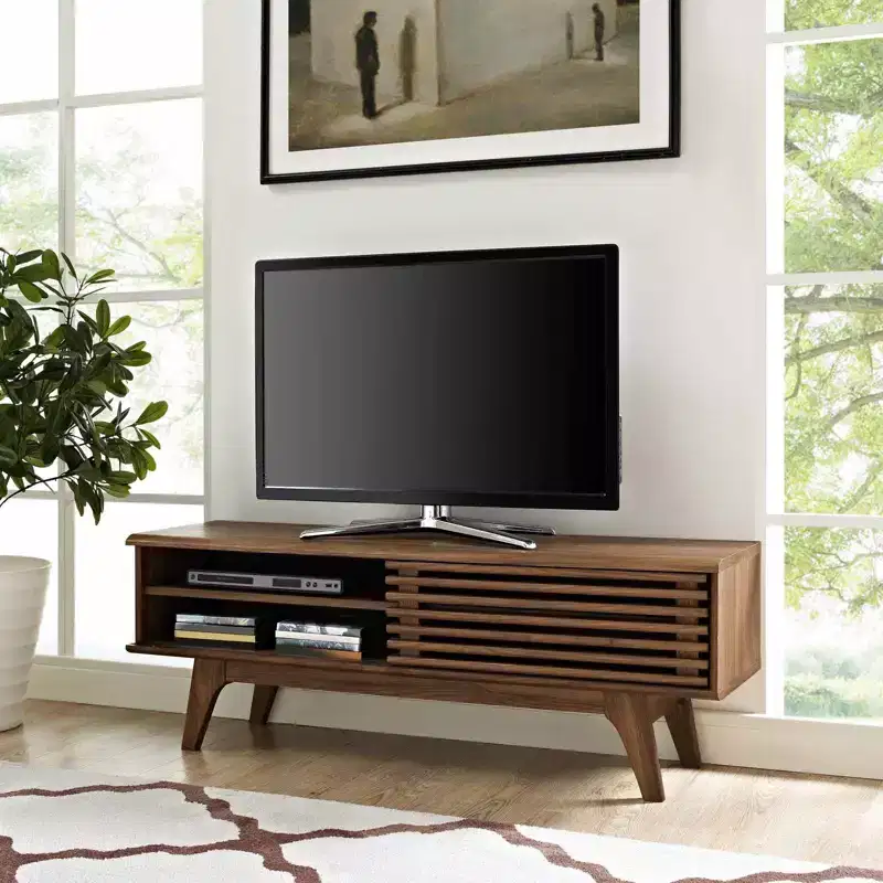 Render Mid-Century TV Stand for TVs up to 139,7 cm �C Walnut Grain, Sliding Doors, 121,9 cm