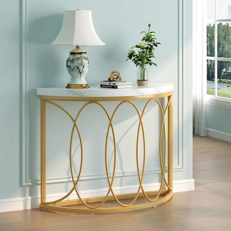 Half Moon Gold Console Table, 43 Inch Modern Faux Marble Entryway Table