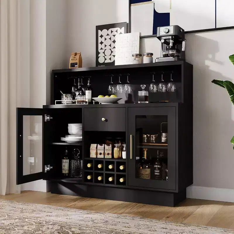 Rustic Black Bar Cabinet with Lockable Glass Door, 47 Wine & Coffee Storage, Single-User