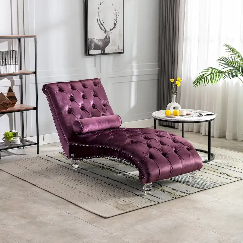 Purple Upholstered Tufted Chaise Lounge Chair with Pillow and Acrylic Legs
