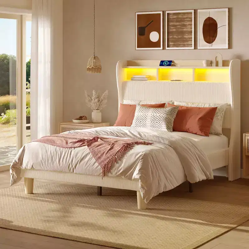 Bestier Queen/King Bed Frame with Tall Headboard Storage, Corduroy Upholstered Queen Size Platform Bed with LED & Charging Station, Off-White