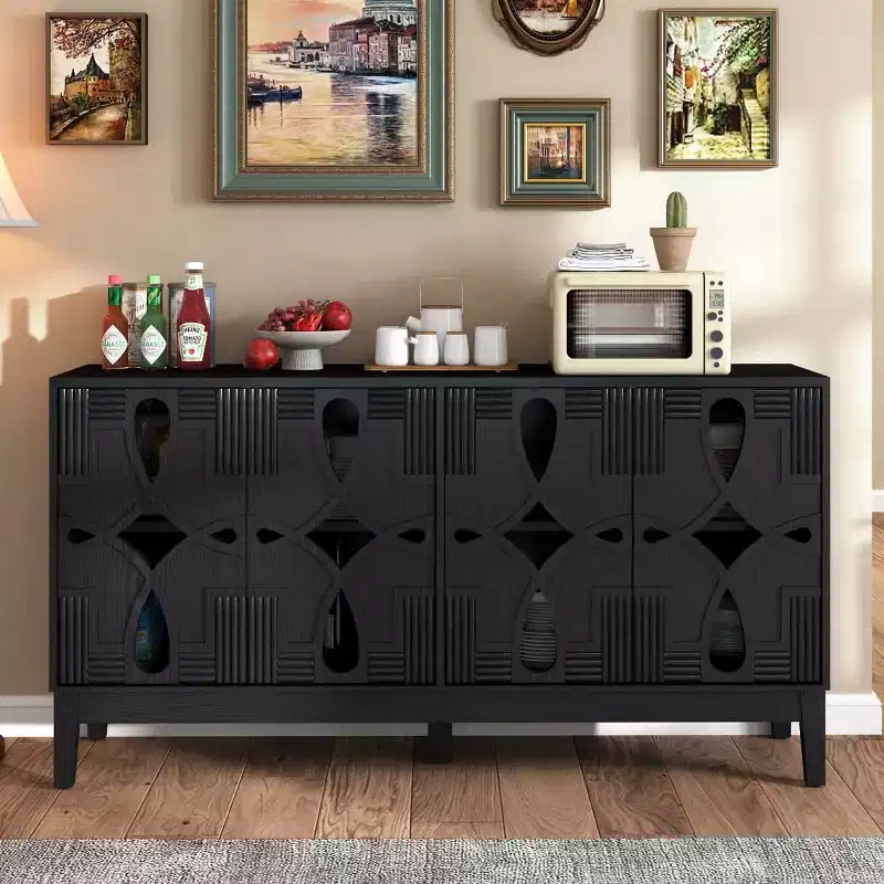 60.5 Black Geometric Sideboard Buffet Cabinet, Modern Fretwork 4-Door TV Media Console with Adjustable Shelves for Living Room - Panipeachy