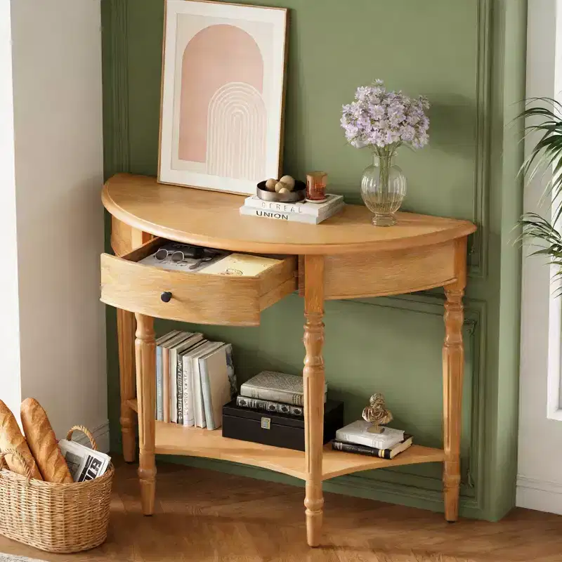 Half Moon Console Table with Drawer and Shelf for Entryway and Living Room