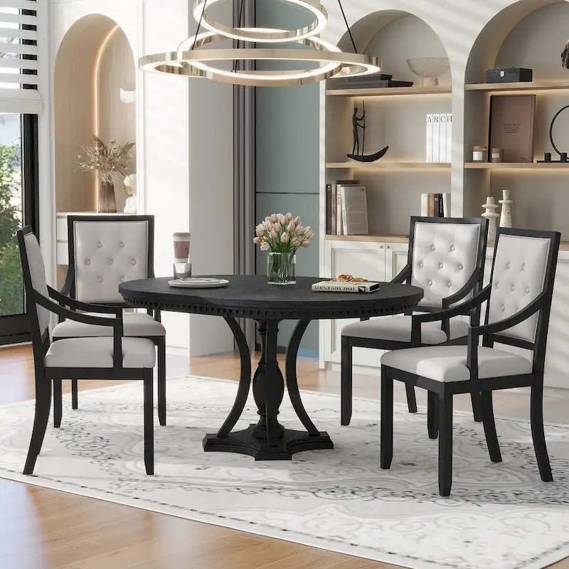 Retro 5-piece Dining Set Extendable Round Table and 4 Chairs for Kitchen Dining Room