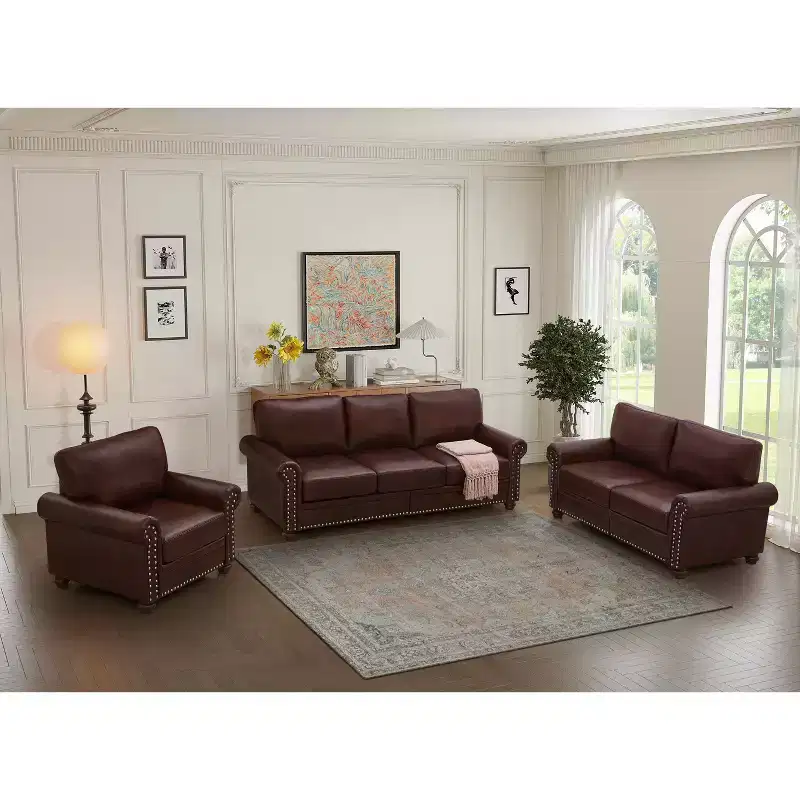 MAYEERTY 3 Pieces Sectional Faux Leather Sofa with Storage Silver Nails for Living Room Burgundy