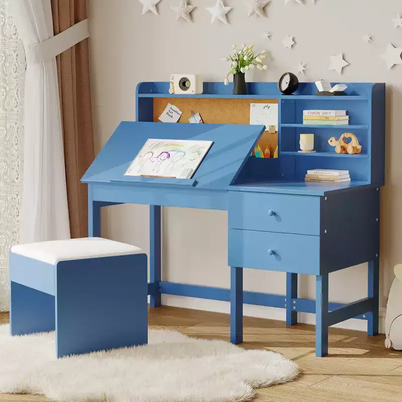 COZONY Kids Desk and Chair Set Wooden Study Table with Adjustable Tilt Desktop Storage Drawers and Cork Board for Children Learning