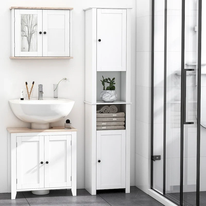 HOMCOM Tall Bathroom Storage Cabinet, Freestanding Linen Tower with 2-Tier Shelf and 2 Cupboards, White