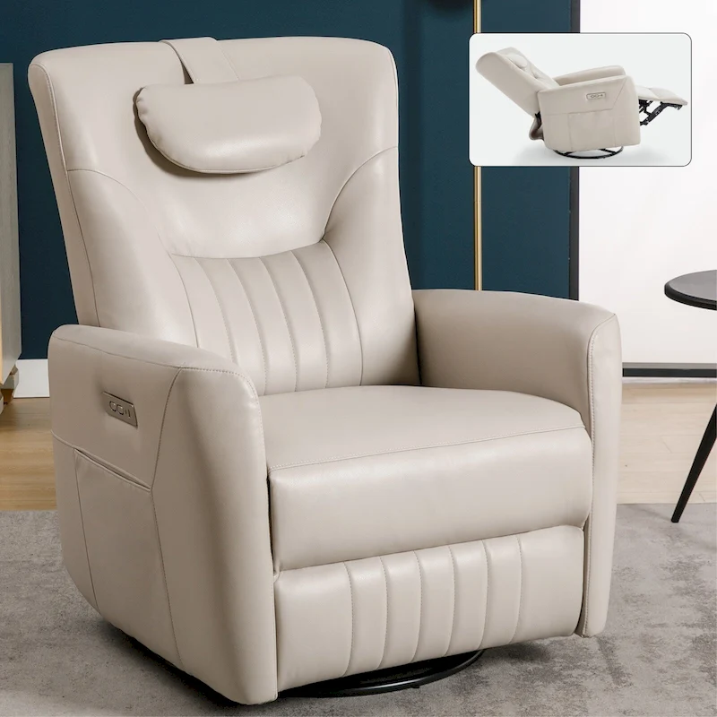 Power Swivel Rocker Recliner with Lumbar and Neck Support, USB & Type-C Charging Ports