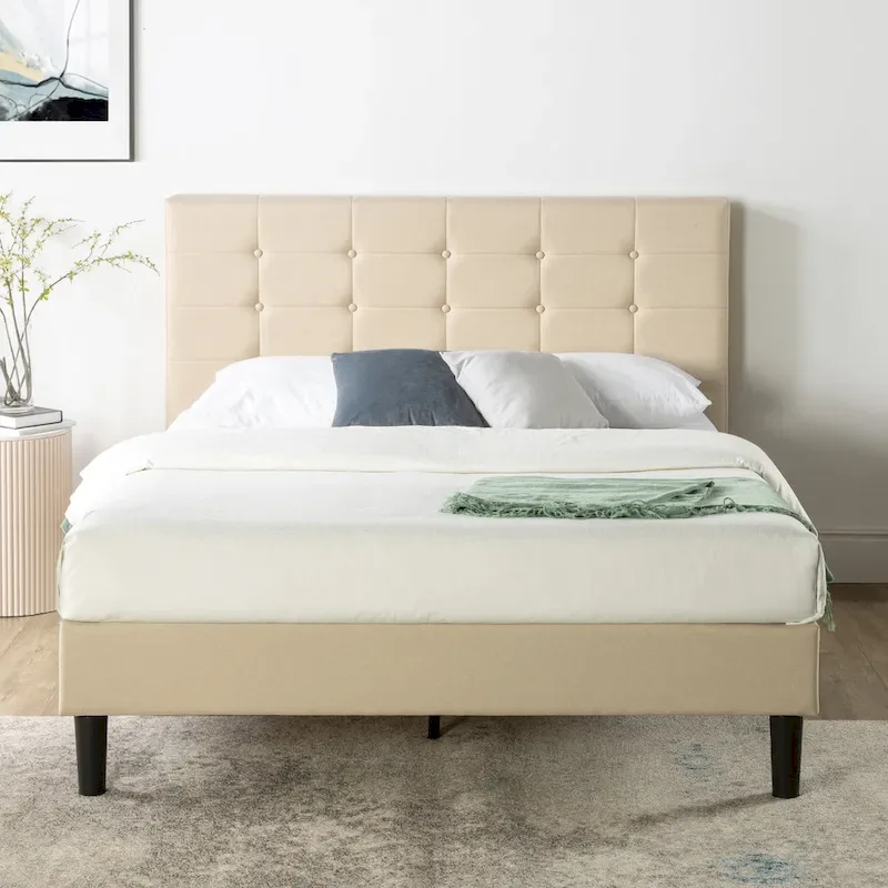 Beige Upholstered Button Tufted Platform Bed - King
