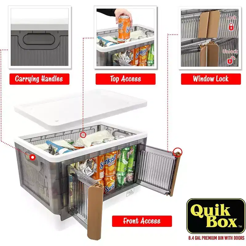 dbest products Quik Box 8.4 Gallon Stackable Storage Bins with Doors Collapsible Organizer Foldable Container Perfect For Any Home - 3 Pack