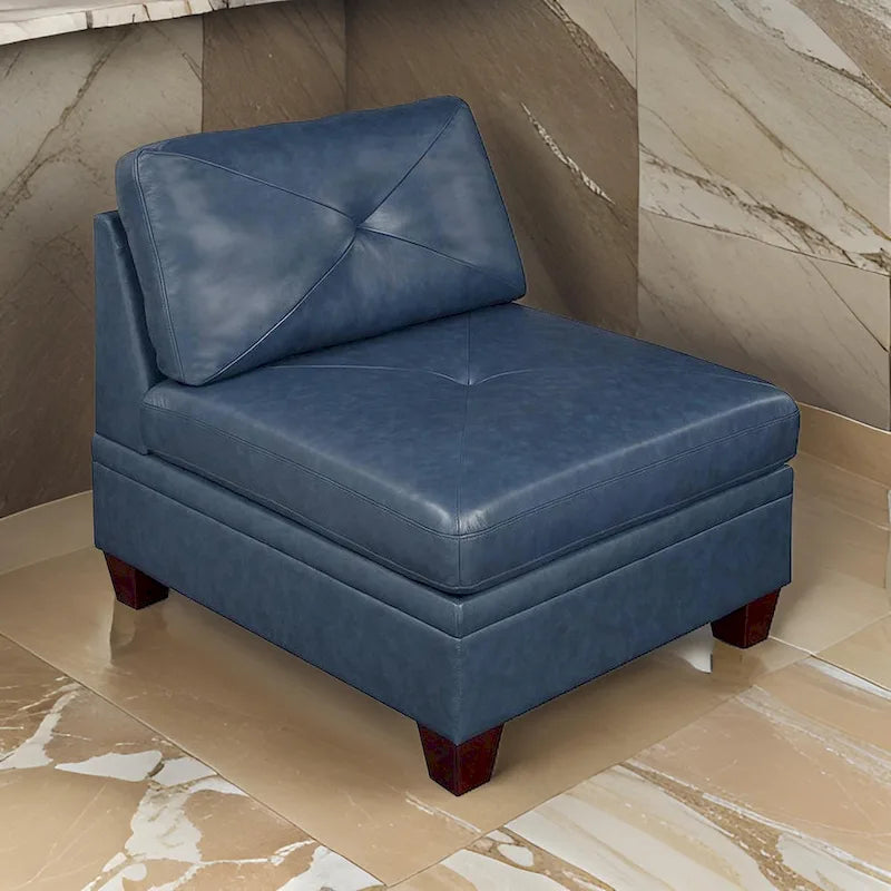 Samy 37 Inch Modular Armless Sofa Chair, Blue Faux Leather, Solid Wood