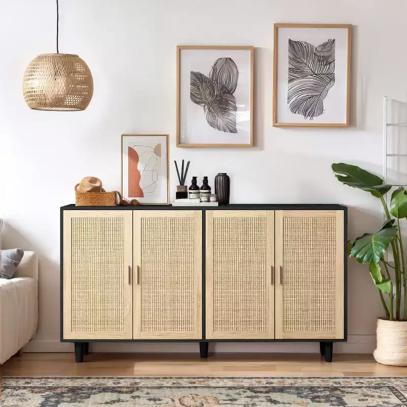 JVNOXK 62.20-inch Modern Four-Door Rattan Decorative Storage Cabinet, Suitable for Bedrooms and Living Rooms, with Adjustable Shelves, Black