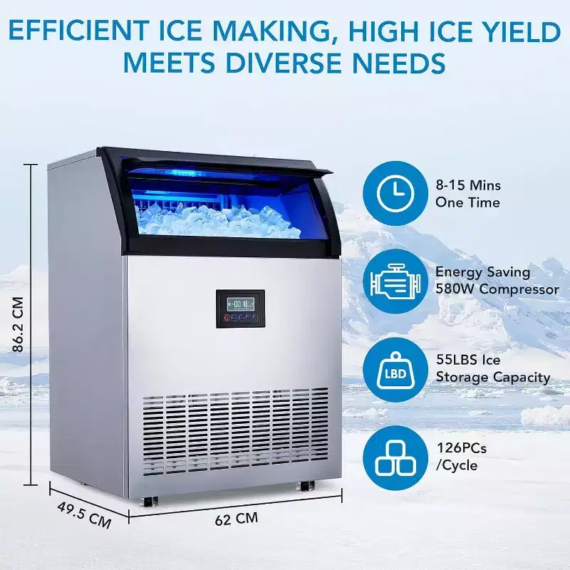 Acekool Commercial Ice Maker - 200Lbs/24H Output, 33Lbs Bin, Fast-Making Stainless Steel Ice Machine