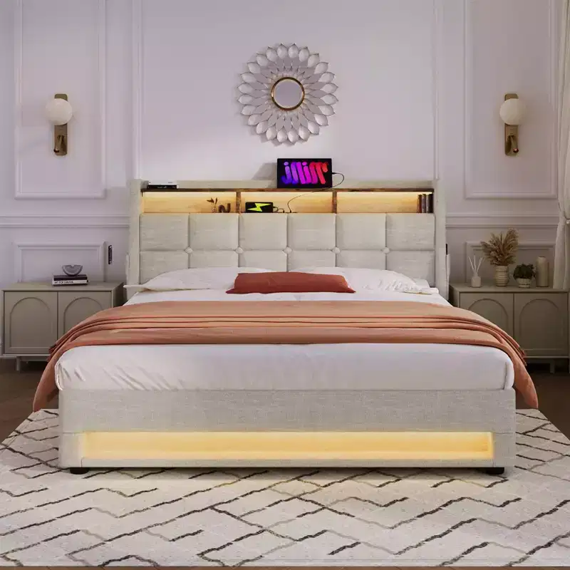 Full/Queen Size Upholstered Platform bed with Hydraulic Storage System, LED and USB Charging - ModernLuxe