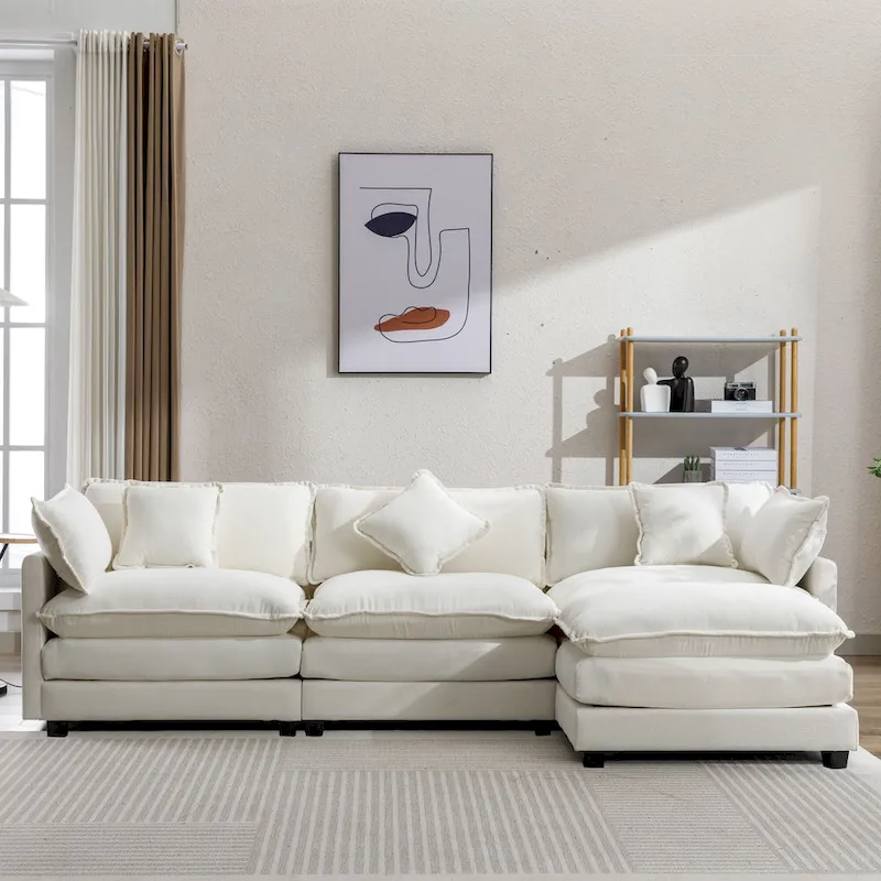 Roomfitters L-Shaped Chenille Upholstered Sofa with Ottoman and 5 Pillows, Modern Luxury Couch for Living Room